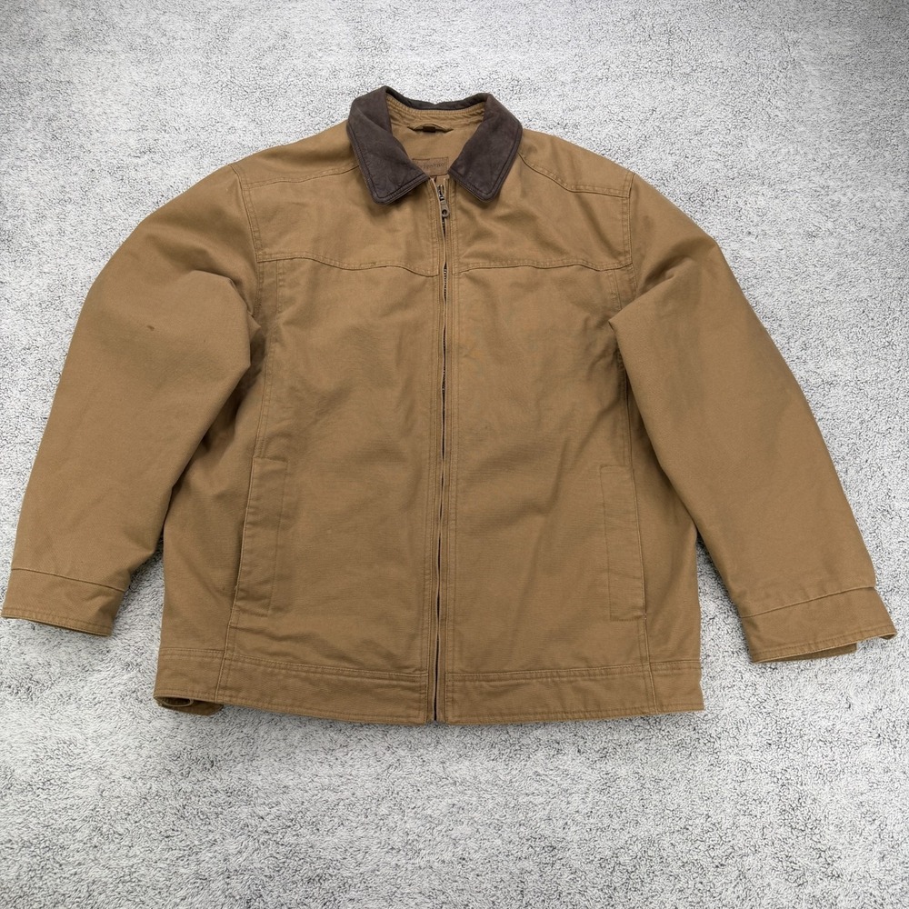 St Johns Bay Detroit Jacket Men Large Brown Tan Canvas Flannel Plaid Lined Chore